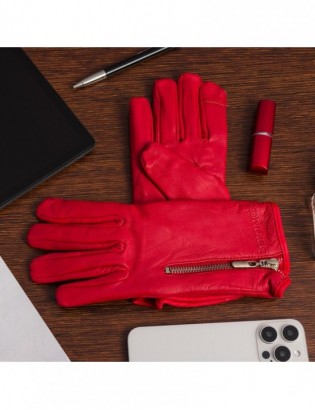 Rękawiczki skórzane damskie polar na dotyk TOUCH FINGER czerwone BELTIMORE  K27 - zdjęcie 7