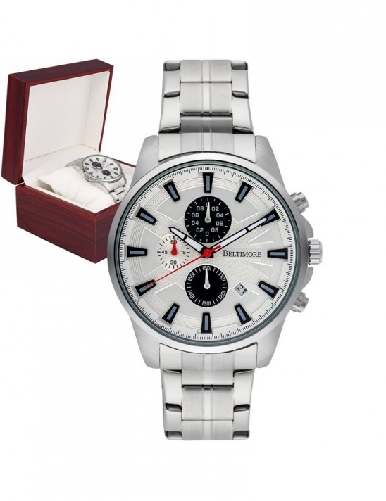 Zegarek męski na bransolecie duży solidny chronograf datownik srebrny Beltimore BT04