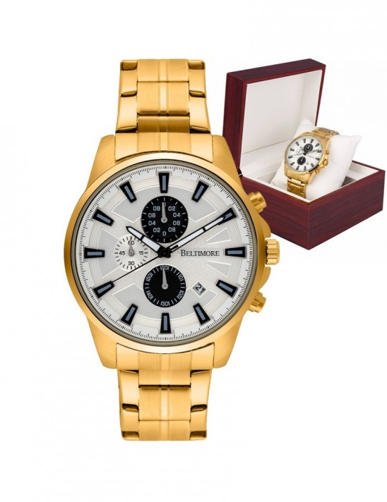 Zegarek męski na bransolecie duży solidny chronograf datownik złoty Beltimore BT04