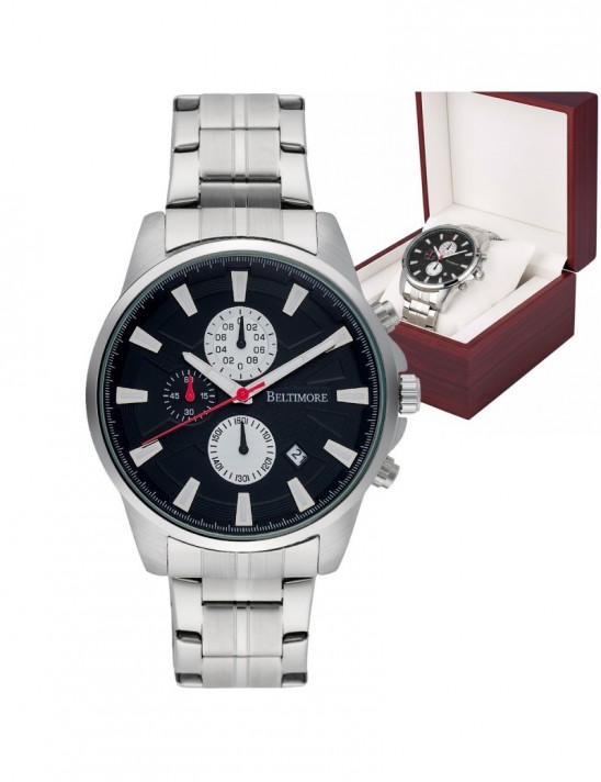 Zegarek męski na bransolecie duży solidny chronograf datownik srebrny Beltimore BT04