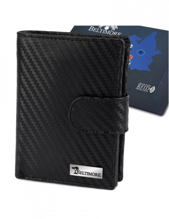 Męski portfel skórzany pionowy klasyczny RFiD duży czarny carbon premium Beltimore P04