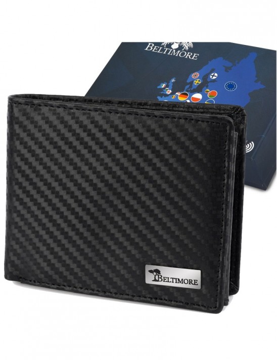 Portfel męski skórzany klasyczny RFiD duży czarny carbon premium Beltimore P01