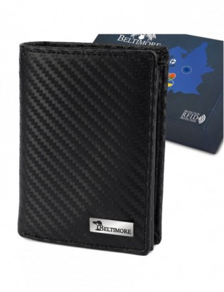 Męski portfel skórzany pionowy klasyczny RFiD duży czarny carbon premium Beltimore P03 - zdjęcie 1