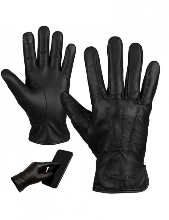 Rękawiczki skórzane męskie polar miś touch finger DOTYK ekran czarne BELTIMORE K32
