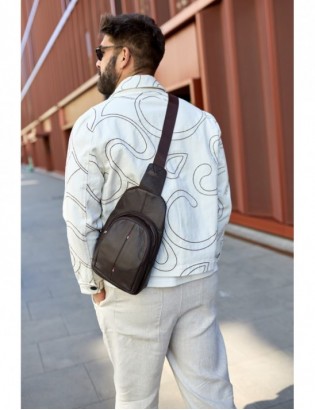 Saszetka nerka przez ramię crossbody męska modna torba dwukomorowa skóra naturalna brązowa F01 - zdjęcie 2