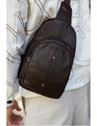 Saszetka nerka przez ramię crossbody męska modna torba dwukomorowa skóra naturalna brązowa F01 - zdjęcie 4