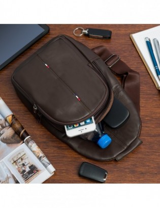 Saszetka nerka przez ramię crossbody męska modna torba dwukomorowa skóra naturalna brązowa F01 - zdjęcie 5